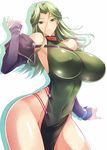  bare_shoulders breasts choker covered_nipples cowboy_shot detached_sleeves expressionless green_eyes green_hair haganef hips huge_breasts lamia_loveless long_sleeves looking_at_viewer simple_background solo super_robot_wars super_robot_wars_original_generation white_background 