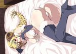  bed bed_sheet big_breasts black_gloves black_legwear blonde_hair blush boots braided_hair breasts butt cleavage clothed clothing d_kurouri_(artist) elbow_gloves female footwear front_tie_bra furry_cosplay gloves hair high_heels horn human legwear long_hair lying mammal on_bed on_side pillow red_eyes sheep_horns solo thigh_highs under_boob white_bra white_panties 