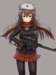  armlet blush brown_gloves brown_hair buttons gloves grey_background gun hair_between_eyes hammer_and_sickle hat highres holding holding_gun holding_weapon long_hair looking_at_viewer miyako_(rabochicken) original pantyhose rabochicken red_eyes red_scarf red_skirt ribbon rifle russian scarf simple_background skirt smile sniper_rifle solo standing translated trigger_discipline uniform vss_vintorez weapon 