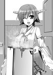  artist_name breasts food greyscale hiei_(kantai_collection) kantai_collection kiryuu_makoto large_breasts looking_at_viewer monochrome one_eye_closed short_hair solo 