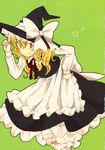  apron bent_over blonde_hair bloomers bow braid fang green_background grin hair_bow hair_ornament hat hat_ribbon highres kirisame_marisa long_hair long_sleeves looking_at_viewer moke_(gaton) non-web_source ribbon scan scan_artifacts shirt side_braid simple_background single_braid skirt skirt_set smile solo star touhou underwear vest waist_apron witch_hat yellow_eyes 
