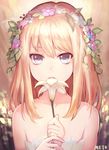  artist_name bangs bare_arms bare_shoulders blonde_hair blue_eyes close-up dress flower holding holding_flower looking_at_viewer meto31 original parted_lips plant solo strapless strapless_dress upper_body white_dress 