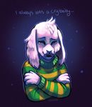  2015 anthro asriel_dreemurr caprine crossed_arms crying eyes_closed fur goat male mammal solo tears text undertale verlidaine video_games white_fur 