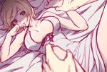  assassin_(granblue_fantasy) bed_sheet blonde_hair blush brown_eyes djeeta_(granblue_fantasy) dress gb_hm grabbing granblue_fantasy lying on_back open_mouth short_hair solo_focus sweat white_dress wrist_grab 