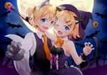  1girl :d animal_ears bat blonde_hair blue_eyes bow cat_ears cat_tail claw_pose collared_shirt detached_collar dress fang full_moon gloves graveyard halloween hat hazuki_natsu jack-o'-lantern kagamine_len kagamine_rin moon necktie one_eye_closed open_mouth ponytail shirt short_hair smile tail v-shaped_eyebrows vest vocaloid wand white_shirt witch_hat wolf_ears wolf_tail wrist_cuffs 