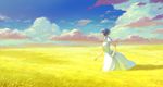  blue_hair blue_sky cloud day dress field from_side grass hiko_(scape) original outdoors parted_lips profile running short_hair short_sleeves sky solo white_dress wind yellow 