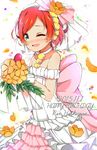 ;d bad_id bad_pixiv_id blush bouquet bow character_name choker dated dorisu2 dress earrings flower frills green_eyes hair_bow hair_flower hair_ornament happy_birthday highres hoshizora_rin jewelry layered_dress love_live! love_live!_school_idol_project love_wing_bell one_eye_closed open_mouth orange_hair petals pom_pom_(clothes) sash short_hair smile solo tears veil wedding_dress 