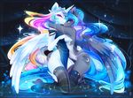  abstract_background anthro anthrofied blue_hair blue_skin breasts clothed clothing crown cutie_mark duo equine female friendship_is_magic hair half-closed_eyes high_heels horn horse hug kneeling koveliana legwear looking_at_viewer mammal multicolored_hair my_little_pony pony princess_celestia_(mlp) princess_luna_(mlp) smile thigh_highs two_tone_hair white_skin wings 