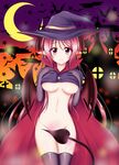  alternate_costume bat bat_wings black_legwear blush bottomless breasts cape cloud commentary_request crescent_moon demon_tail elbow_gloves gloves halloween hands_on_own_chest hat head_wings highres house koakuma large_breasts long_hair looking_at_viewer low_wings moon navel night night_sky pointy_ears red_eyes red_hair reimei_(r758120518) sky smile solo star tail tail_censor thighhighs touhou underboob very_long_hair wings witch_hat 