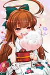  ahoge artist_name blush bow brown_hair commentary_request cotton_candy eating floral_print hair_bow heart heart-shaped_pupils japanese_clothes kantai_collection kimono kuma_(kantai_collection) lee_(colt) long_hair obi open_mouth sash smile solo star starry_background symbol-shaped_pupils yukata 