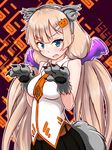  :o abstract_background alternate_costume angela_balzac animal_ears bangs bare_shoulders belt blonde_hair blue_eyes blush breasts fake_animal_ears fake_tail fang food_themed_hair_ornament gloves hair_ornament hairclip halloween halloween_costume highres large_breasts long_hair looking_at_viewer low_twintails necktie open_mouth paw_gloves paw_pose paws pumpkin_hair_ornament rakuen_tsuihou shirt sleeveless sleeveless_shirt solo tail tei-o twintails upper_body v-shaped_eyebrows very_long_hair 
