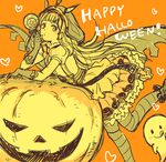  black_gloves blonde_hair bow cagliostro_(granblue_fantasy) candy food gb_hm gloves granblue_fantasy hairband halloween heart hood jack-o'-lantern leg_up lollipop long_hair orange_background orange_bow puffy_short_sleeves puffy_sleeves pumpkin purple_eyes short_sleeves solo striped striped_legwear thighhighs 