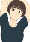  arms_behind_head arms_up brown_eyes brown_hair closed_mouth gake_no_ue_no_ponyo jas lisa_(ponyo) looking_at_viewer shirt short_hair smile solo stretch studio_ghibli upper_body 