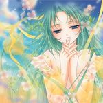  bare_shoulders blue_eyes cloud dress flower green_hair higurashi_no_naku_koro_ni light_smile long_hair lowres nishiwaki_yuuri ribbon sky solo sonozaki_shion 