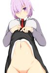  blush bottomless breasts dress dress_lift erobokkuri fate/grand_order fate_(series) highres large_breasts looking_at_viewer mash_kyrielight navel necktie out-of-frame_censoring purple_eyes purple_hair short_hair simple_background solo 