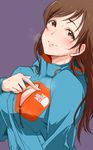  71 blush brown_eyes brown_hair cleavage_cutout idolmaster idolmaster_cinderella_girls jacket long_hair looking_at_viewer nitta_minami product_placement smile solo track_jacket 