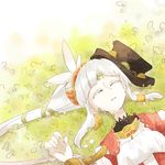  belt black_hat circlet colored_eyelashes commentary_request feathers grass hat lailah_(tales) long_ponytail lying matsuki_miyu solo tales_of_(series) tales_of_zestiria tiara white_hair youme_xz 