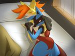  aoinu blush canine delphox hug lucario mammal nintendo on_top pok&eacute;mon red_eyes sweat sweatdrop video_games 