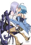  ahoge arachne artist_name ass ass_grab asymmetrical_docking bare_shoulders belt blue_hair blue_wings blush breast_press breasts carapace claws closed_eyes elbow_gloves extra_eyes feathered_wings feathers fingerless_gloves gloves harpy highres insect_girl kiss large_breasts lavender_hair monster_girl monster_musume_no_iru_nichijou multiple_girls papi_(monster_musume) porosnacks rachnera_arachnera short_hair short_shorts shorts skirt small_breasts spider_girl tank_top watermark wings yellow_eyes yuri 