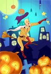  &gt;_&lt; :d bald boots broom broom_riding cape closed_eyes decorations gloves halloween hat highres jack-o'-lantern kotori_photobomb male_focus moon multiple_boys one-punch_man open_mouth pointing saitama_(one-punch_man) smile solo_focus star witch_hat yebi_daxiang 