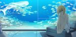  ahoge aquarium artoria_pendragon_(all) bad_id bad_pixiv_id bare_shoulders barefoot blonde_hair couch dress fate/stay_night fate_(series) fish green_eyes hands_on_feet highres legs magicians_(zhkahogigzkh) saber short_hair sitting smile solo sundress water whale_shark 