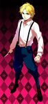  argyle argyle_background bad_id bad_pixiv_id blonde_hair clenched_hand cross-laced_footwear dio_brando full_body jojo_no_kimyou_na_bouken knife male_focus red_eyes socks sokka_(kbs) solo suspenders 