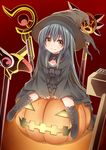  black_hair boots cardcaptor_sakura check_commentary commentary_request creek_(moon-sky) fate/hollow_ataraxia fate_(series) fuuin_no_tsue halloween hat highres long_hair lyrical_nanoha magazine_(weapon) magical_ruby mahou_shoujo_lyrical_nanoha mop original pumpkin raising_heart sitting sitting_on_object staff wand witch witch_hat yellow_eyes youjo_(creek_(moon-sky)) 