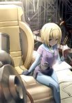  absurdres black_gloves blonde_hair blue_eyes bodysuit book fingerless_gloves gloves heavy_object hex_(tanhexun) highres looking_at_viewer milinda_brantini short_hair sitting solo 