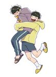  bad_id bad_twitter_id blush brothers cat cdov34 closed_eyes esper_nyanko heart heart_in_mouth hood hoodie hug hug_from_behind looking_back male_focus matsuno_ichimatsu matsuno_juushimatsu messy_hair multiple_boys osomatsu-kun osomatsu-san pants sandals shorts siblings simple_background single_vertical_stripe sleeves_past_wrists slippers socks track_pants white_background 