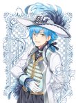  blue_hair border brown_eyes cross dramatical_murder feathers flower gloves hair_ribbon hat highres kuronohana male_focus ribbon rose seragaki_aoba smile solo white_gloves 