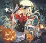  apron artist_name azomo blonde_hair bow braid broom capelet hair_bow hair_ornament halloween hat hat_ribbon head_tilt highres jack-o'-lantern kirisame_marisa lantern long_hair looking_at_viewer one_eye_closed puffy_sleeves ribbon shirt short_sleeves side_braid single_braid skirt skirt_set smile solo star touhou vest waist_apron witch_hat yellow_eyes 