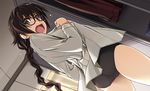  ass bad_id bad_pixiv_id blush braid brown_eyes brown_hair embarrassed glasses long_hair looking_at_viewer open_mouth shikei solo 