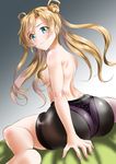  abukuma_(kantai_collection) alternate_breast_size ass bike_shorts blonde_hair blue_eyes breasts double_bun hair_rings kantai_collection kasugano_tobari large_breasts long_hair panties_under_bike_shorts school_uniform solo topless twintails 