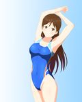  arms_up brown_eyes brown_hair competition_swimsuit highres idolmaster idolmaster_cinderella_girls idolmaster_cinderella_girls_starlight_stage long_hair nitta_minami one-piece_swimsuit solo swimsuit uenomi_ayumu 