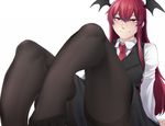  bangs black_skirt black_vest blush collared_shirt commentary_request feet hair_between_eyes koakuma legs long_hair long_sleeves necktie nicutoka no_shoes nose pantyhose red_eyes red_hair red_neckwear seductive_smile shirt sidelocks simple_background sitting skirt smile smug solo thighband_pantyhose thighs toes touhou very_long_hair vest white_background 