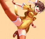  :o antenna_hair attack bangs blush boots breasts brown_hair bun_cover chinese_clothes clenched_hands covered_navel digdug006 double_bun flying_kick green_eyes groin_tendon hair_between_eyes kanamori_reiko kicking leotard looking_at_viewer medium_breasts open_mouth orange_background orange_footwear orange_legwear ribbon short_hair simple_background solo spread_legs thigh_boots thighhighs turtleneck v-shaped_eyebrows wrestle_angels wrestle_angels_survivor wrestling wrestling_outfit wristband yellow_leotard zipper 