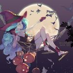  ankle_wrap aqua_eyes aqua_hair bare_shoulders bat breasts cleavage crossed_legs dress full_moon gloves halloween hammock hat highres jack-o'-lantern legs long_hair medium_breasts moon night original pumpkin sandals scissors smile solo tennohi witch_hat 