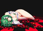  areolae bare_shoulders bikini black_background bottomless breasts camellia checkered checkered_floor covering covering_crotch detached_sleeves flower frog_hair_ornament green_bikini green_eyes green_hair hair_ornament hand_on_own_head kochiya_sanae large_breasts long_hair looking_at_viewer lying micro_bikini navel nipples on_side puffy_nipples see-through shiny shiny_skin smile snake_hair_ornament solo swimsuit touhou traces 