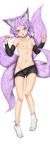  animal_ears bike_shorts_pull breasts detached_sleeves fox_ears fox_tail highres multiple_tails nipples original purple_eyes purple_hair short_hair small_breasts solo tail tenyoshi_(briansept) topless 