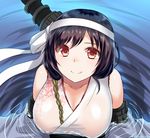  artist_name bare_shoulders black_hair breasts collarbone detached_sleeves eko hair_ornament hairband japanese_clothes kantai_collection large_breasts looking_at_viewer partially_submerged red_eyes see-through short_hair smile solo water water_surface yamashiro_(kantai_collection) 