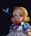  alice_(wonderland) alice_in_wonderland blonde_hair blue_eyes bug butterfly child curly_hair dated dress freckles insect ribbon saikac solo trail 
