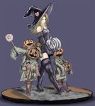  3boys bare_shoulders blonde_hair blue_eyes boots candy carrying deneb_rove denim_(boogee) dress elbow_gloves faux_figurine food glass_pumpkin gloves hair_intakes hat heart highres holding_pumpkin jack-o'-lantern lollipop long_hair microdress multiple_boys piggyback pouch pumpkin pumpkinhead_(ogre_battle) purple_dress purple_footwear purple_gloves purple_hat road strapless strapless_dress tactics_ogre thigh_boots thighhighs tunic walking witch witch_hat zettai_ryouiki 