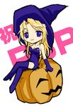  bare_shoulders blonde_hair blush_stickers boots breasts chibi cleavage crossed_legs deneb_rove dress elbow_gloves gloves hair_intakes hat high_heel_boots high_heels jack-o'-lantern long_hair looking_at_viewer messy_hair microdress pumpkin purple_dress purple_eyes purple_footwear purple_gloves purple_hat simple_background sitting solo strapless strapless_dress tactics_ogre tanyao thighhighs white_background witch witch_hat zettai_ryouiki 