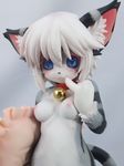  anthro bell bell_collar blue_eyes blush breasts build_master_works cat claws collar cute feline female figurine fur grey_fur hair karin looking_at_viewer mammal nipples nude real sculpture short_hair solo striped_fur stripes whiskers white_hair young 