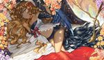  bad_id bad_pixiv_id bangs bare_shoulders bed blanket blonde_hair blue_eyes blue_wings bow choker curtains feathered_wings feathers flower fuu_kotora gem hair_bow hair_flower hair_ornament hair_ribbon jewelry lips long_hair looking_at_viewer low_wings lying midriff navel no_shoes on_bed on_side original petals pointy_ears purple_flower purple_rose red_bow red_ribbon ribbon rose see-through signature smile smirk solo tail tree wings yellow_flower yellow_rose 