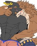  abs absurd_res anubis blush canine clothing deity duo fkfkfk3674 grope hi_res male male/male mammal muscular pad pants pecs puzzle_and_dragond set simple_background underwear white_background 