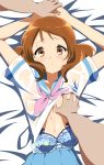  blue_bra blue_skirt blush bra bra_removed breast_squeeze breasts brown_eyes brown_hair hibike!_euphonium highres lying medium_breasts navel ochadzuke on_back oumae_kumiko restrained school_uniform see-through serafuku short_hair skirt solo_focus sweat underwear wet wet_clothes 