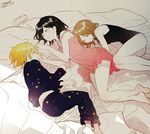  barefoot bed black_hair blanket blonde_hair blush brown_hair eyewear_removed girl_sandwich glasses haikyuu!! long_sleeves lying mole mole_under_mouth multiple_girls on_side panties pants pantyshot pantyshot_(lying) pillow sandwiched shimizu_kiyoko shirofuku_yukie short_hair signature sleeping sleepwear sleeveless smile star star_print starry_sky_print strap_slip underwear white_panties yachi_hitoka yasai_(getsu) 