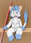  anthro barefoot blush briefs bulge cat caught clothed clothing cub cute_fangs digital_media_(artwork) embarrassed feline front_view half-dressed male mammal nakayan open_mouth persia_pride sitting solo staff topless underwear young 