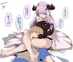  1girl alp armor asphyxiation bare_shoulders barefoot black_gloves blue_eyes blush breasts brown_hair butterfly_hair_ornament closed_eyes draph elbow_gloves erotic_asphyxiation feet gloves gran_(granblue_fantasy) granblue_fantasy hair_ornament hair_over_one_eye hetero horns large_breasts lavender_hair leg_lock narmaya_(granblue_fantasy) open_mouth pointy_ears scissorhold simple_background translated white_background 